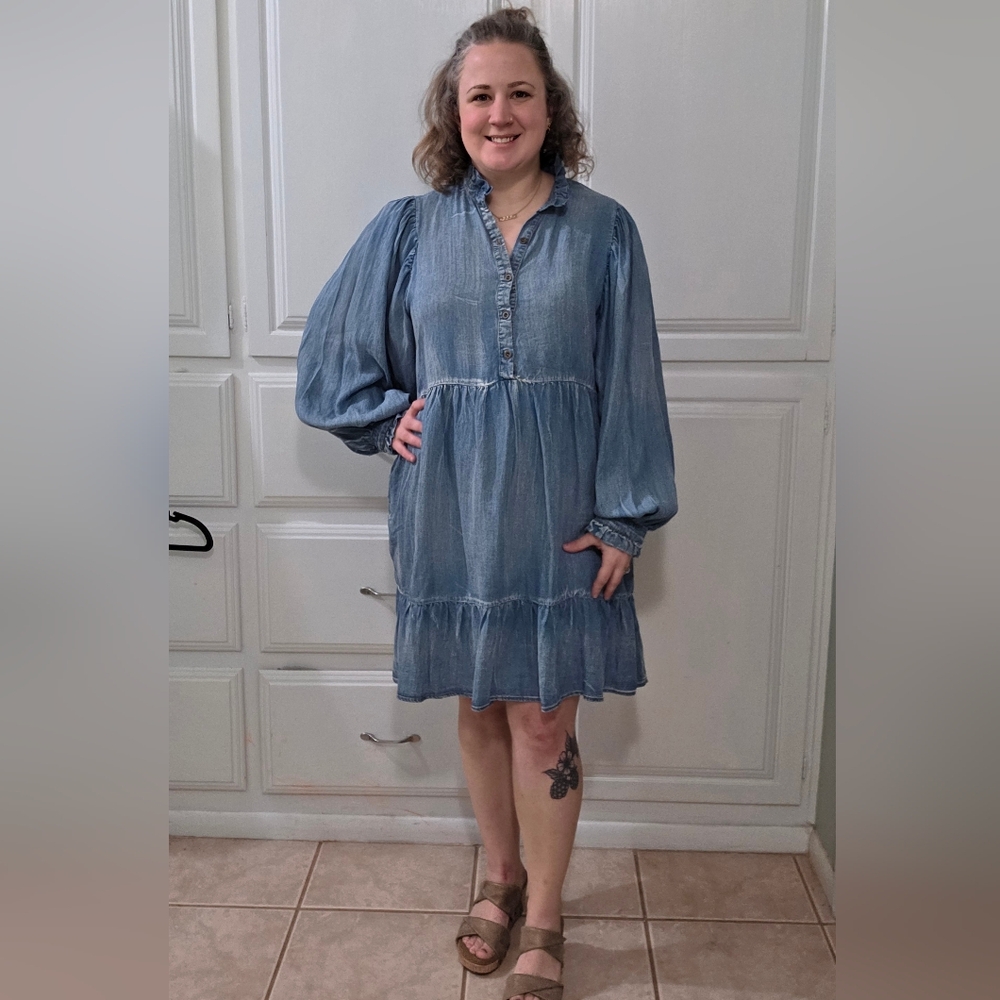 GeeGee Chambray Long Sleeve Tiered Mini Dress - Picture 1 of 6